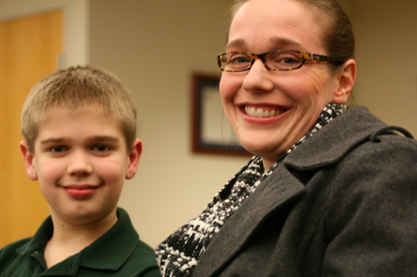 Brendan Owens, 12, of Saline, a sixth-grader at Saline Middle School, and his mother. Carole Owens, at the Saline City Council meeting Monday night. - Brendan_Owens_Carole_Owens_Saline_CC_1-24-11-thumb-590x393-68225