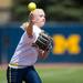 The Wolverines third basemen senior Amy Knapp throws the ball to first for an out during the second inning of their game against California, Saturday May 18.
Courtney Sacco I AnnArbor.com     