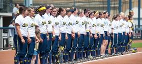 The University of Michigan Wolverines line up for the national anthem before the start of their game against California, Saturday May 18.Courtney Sacco I AnnArbor.com     
