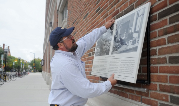 Historical sign about Ann Arbor High School installed on North Quad